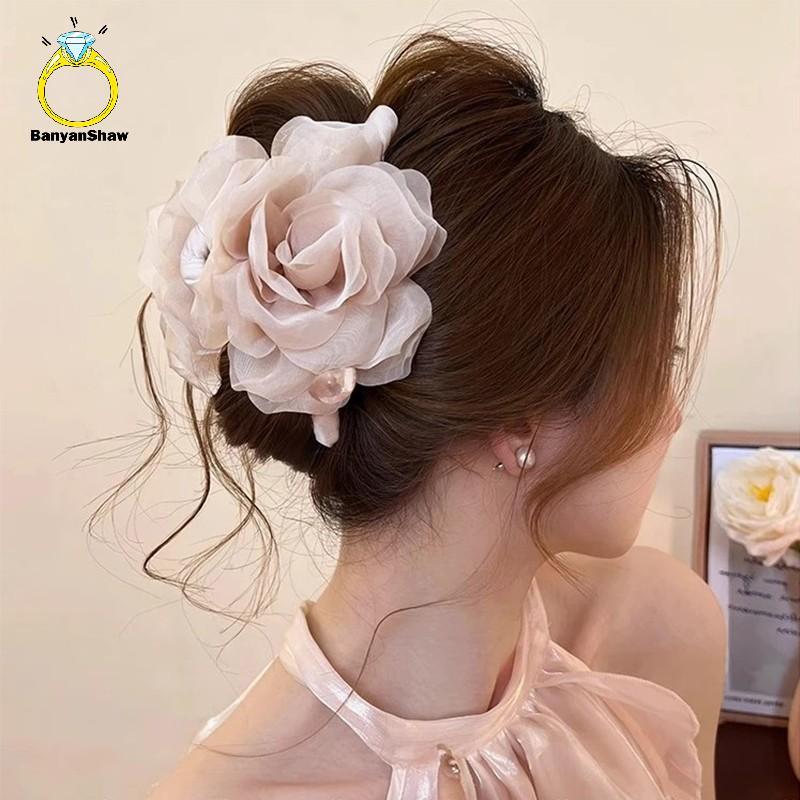 [BANY] Elegante Delicado Grande Tecido Malha Rosa Flor Grampo De Cabelo Para Mulheres Meninas Imitação Pérola Floral Tub