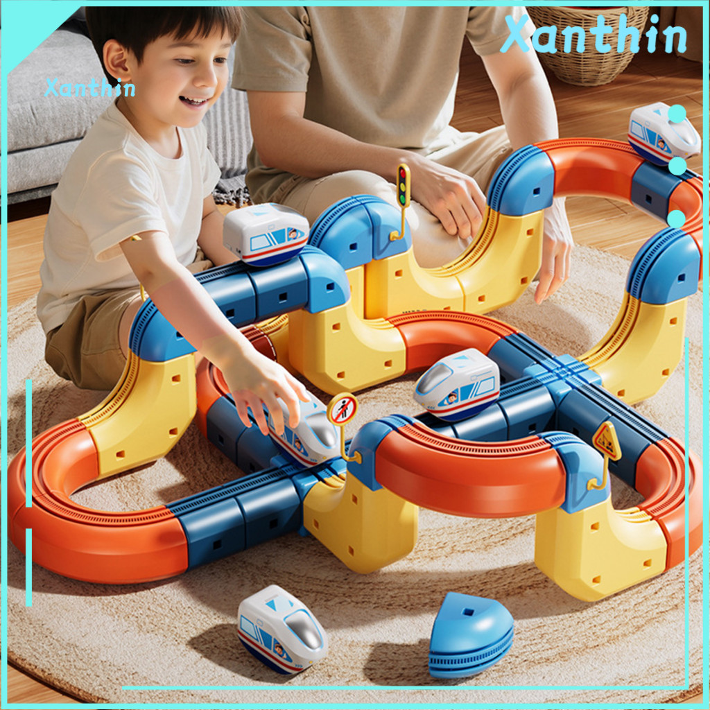 Train Track Construction Kit Electric Set 46/56/69 Pcs Kids Toy Diy Race Car Cube Rail Building for Toddlers Boys Girls