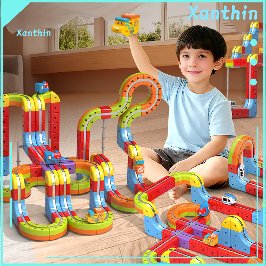 Track Train Toy Electric Set 8/18/26/32/38pcs Magnetic Diy Race Car Cube Rail Building Kit for Toddlers Boys Girls Gravi