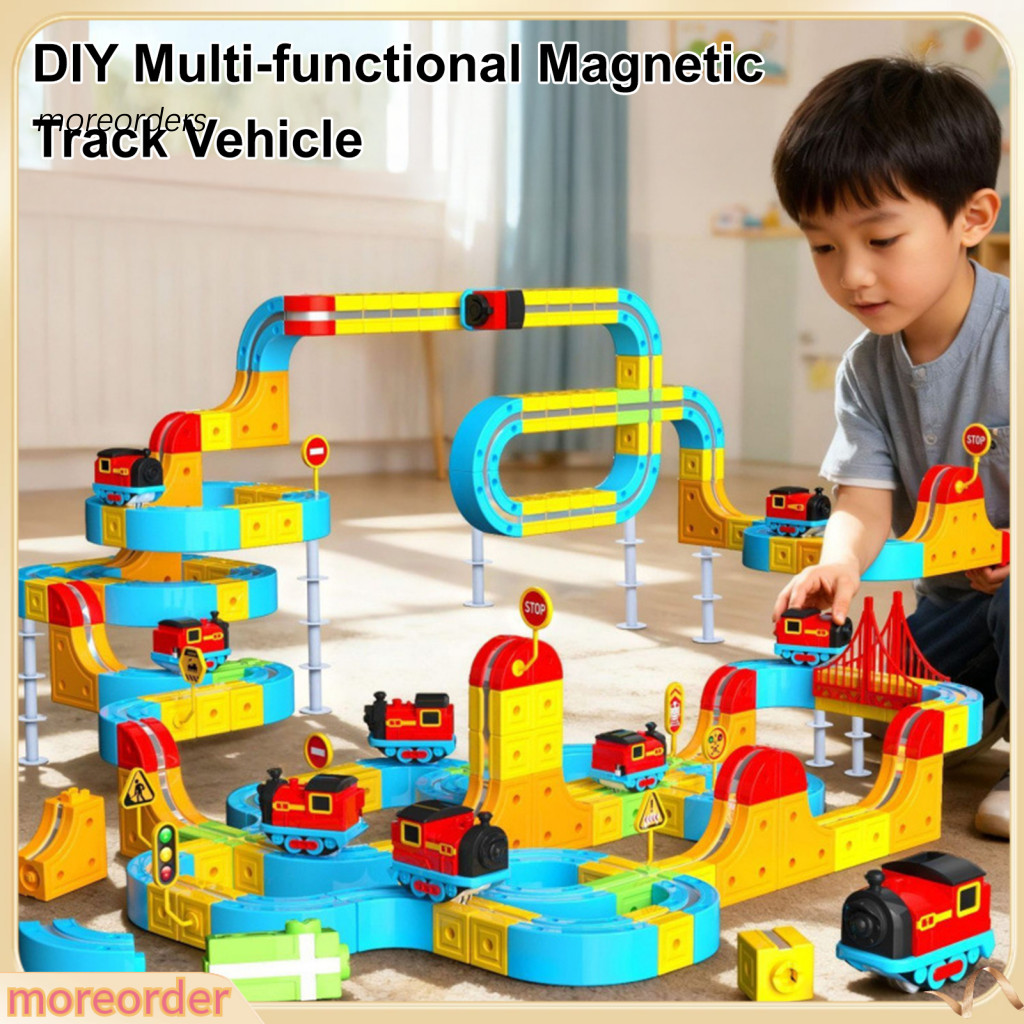 66/92pcs Magnetic Train Track Set Diy Race Car Cube Rail Building Kit for Toddlers Boys Girls Gravity-defying Electric S