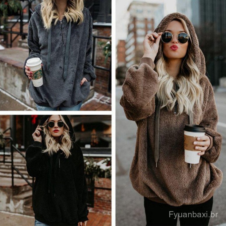 Cross-Border europeu americano outono inverno novo estilo de pelúcia feminino manga comprida com capuz solto moletom cam
