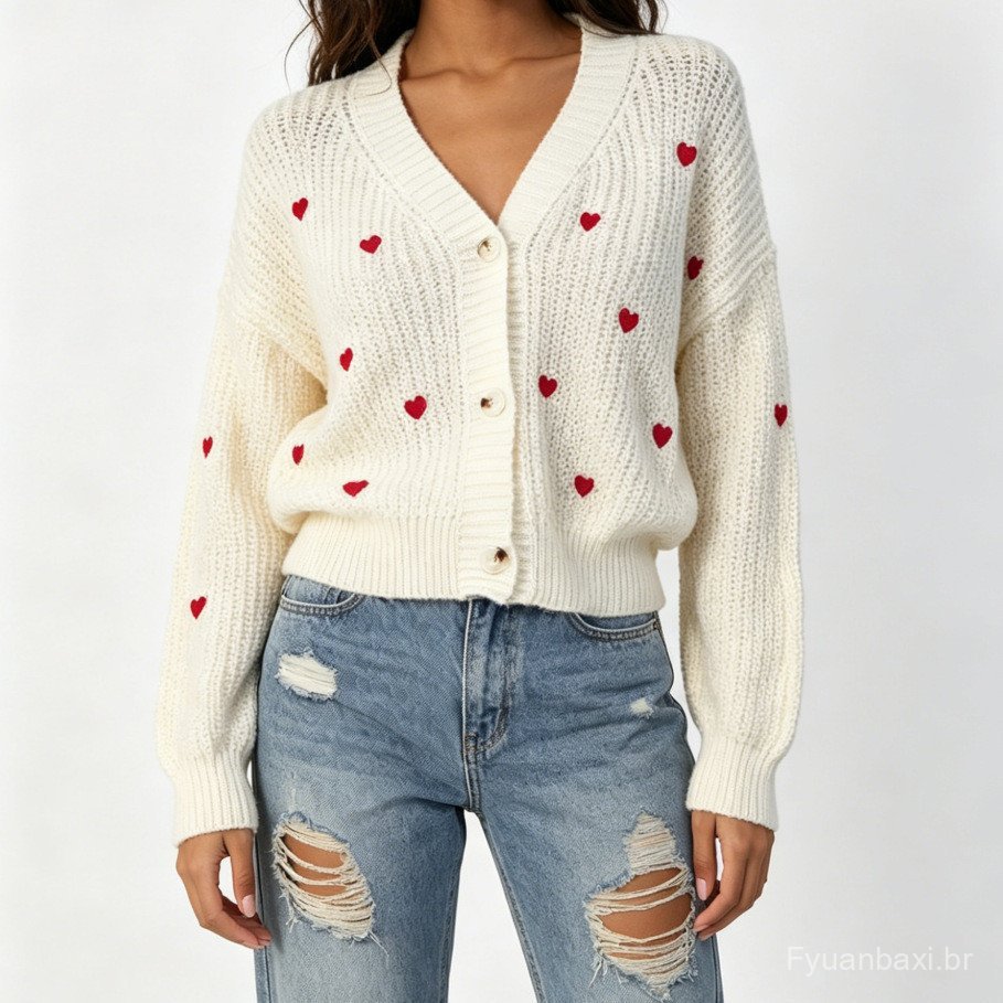 Cross-Border 2026 europeu americano malha topo outono inverno novo estilo moda feminina amor Jacquard com decote em V ca