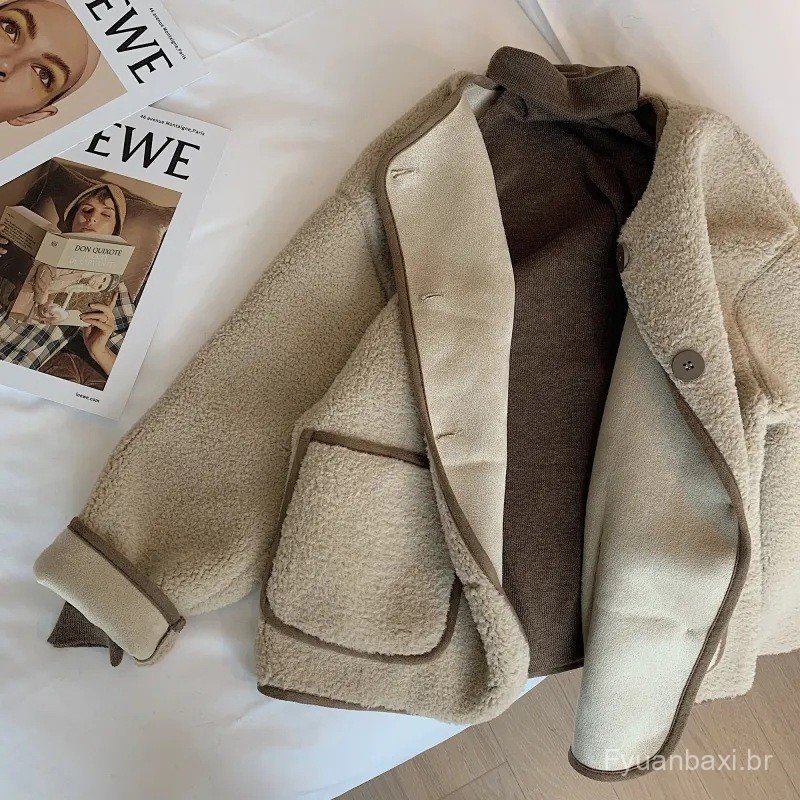 Cross-Border em torno do pescoço jaqueta de lã de cordeiro feminino outono inverno novo estilo versão coreana solto engr