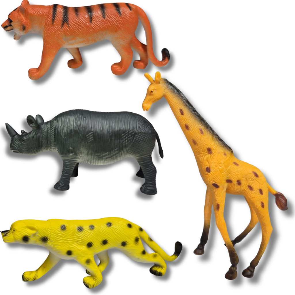 Kit 4 Animais Savana Brinquedo Borracha Girafa Rinoceronte
