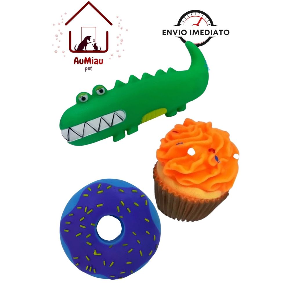 Kit com 3 Brinquedos Vinil Borracha para Cachorro – Savana Pet Rosquinha, Jacaré e Cupcake.