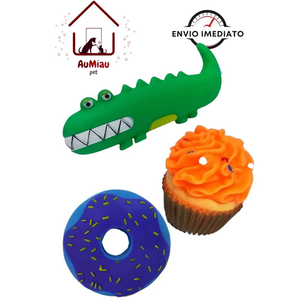 Kit com 3 Brinquedos Pet de Vinil/Borracha para Cachorro – Savana Pet Rosquinha, Jacaré e Cupcake.