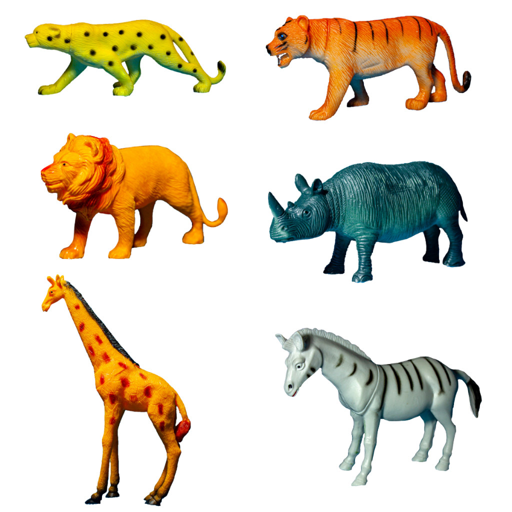 Conjunto 6 Animais Borracha Savana África, Leão, Tigre, Girafa, Guepardo, Rinoceronte e Zebra.
