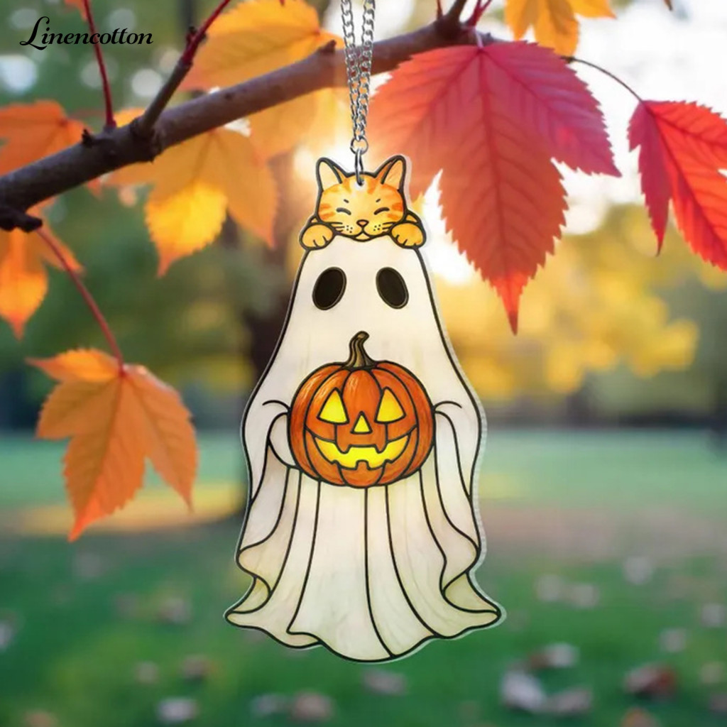 Halloween Pendant Decoration Stained Glass Ghost Window Hanging Cute Sun Catcher Ornament with Lanyard – Easy Hang for