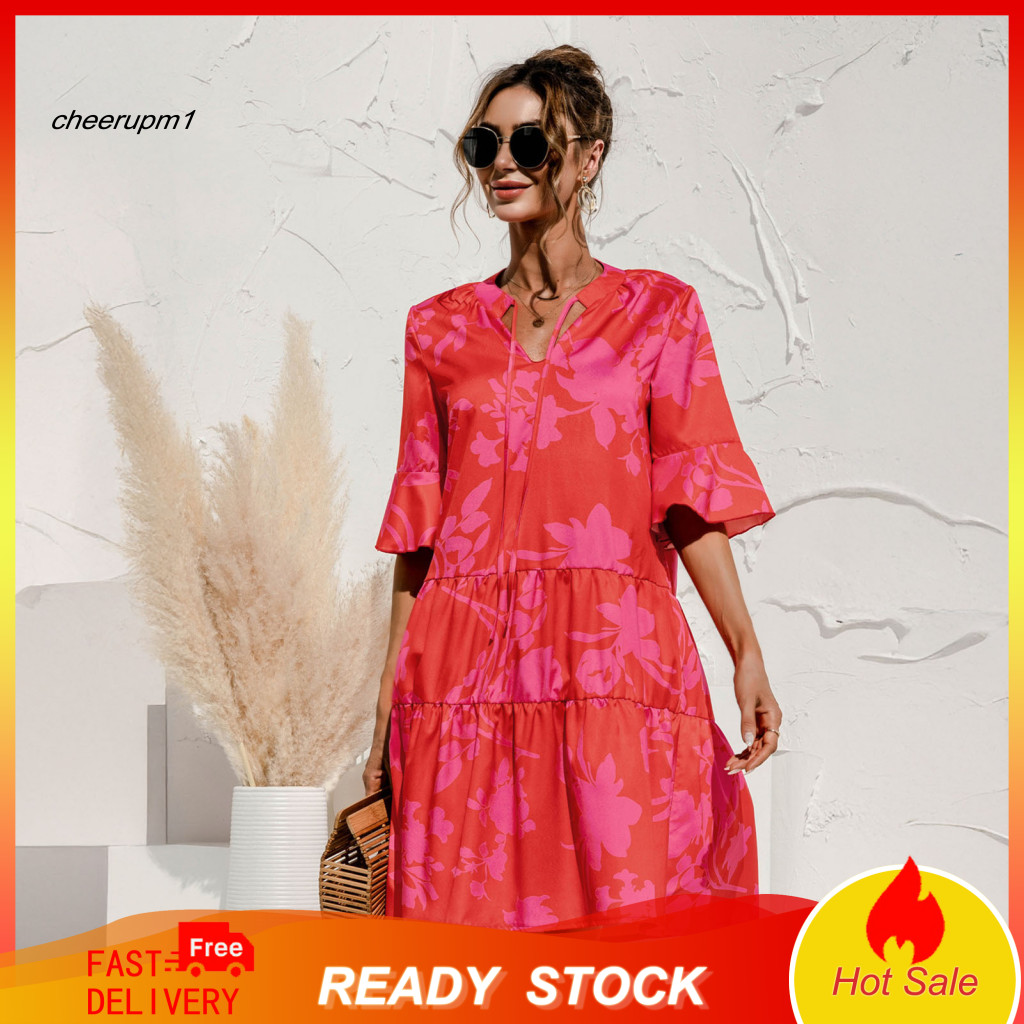 A-line Profile Dress for Women and Cute Skirt for Women’s Summer Mini Boho Puff Sleeve V Neck Pleated Tiered Flowy Sun