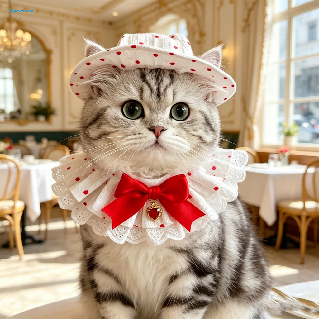 Lace Scarf Cat Accessory Costume Set Breathable Cotton Adjustable Sun Hat with Bow Cute Pet Clothes for Party Photograph