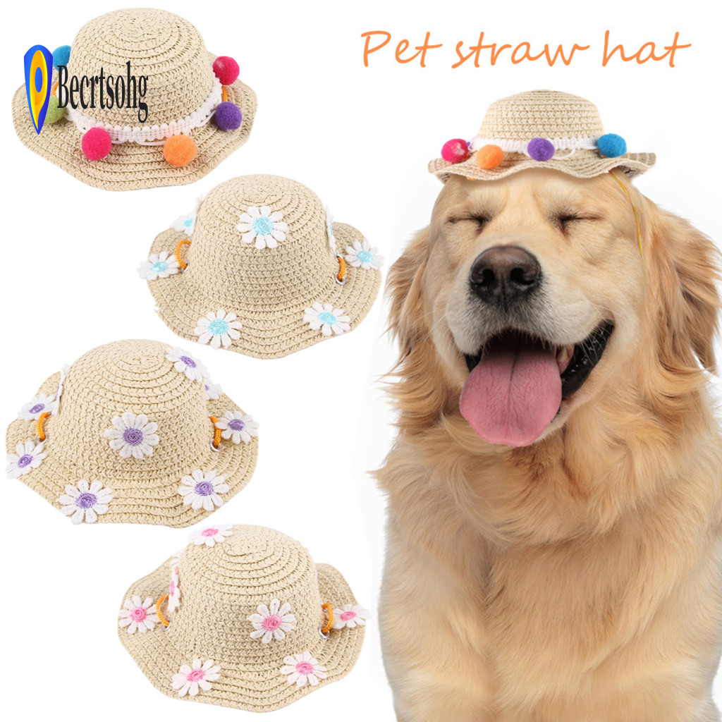 Pet Sun Hat Summer Cute Flower Straw for Dogs Cats – Breathable Wide Brim Perfect for Camping Hiking Outdoor Protectio