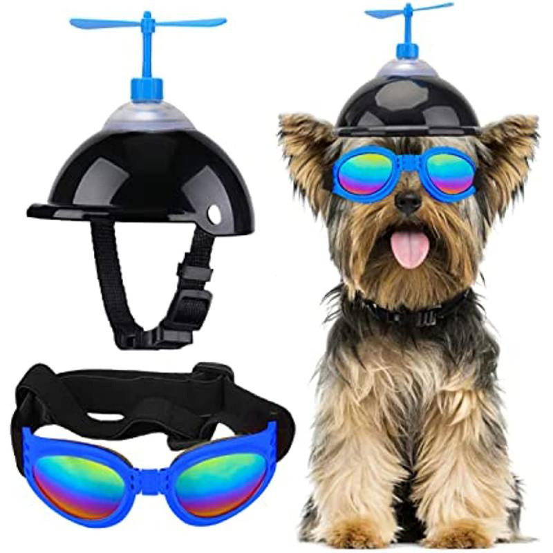 Dog Helmet and Goggles with Cute Propeller for Small Medium Dogs Adjustable Puppy Sun Hat and Sunglasse Summer Riding Se