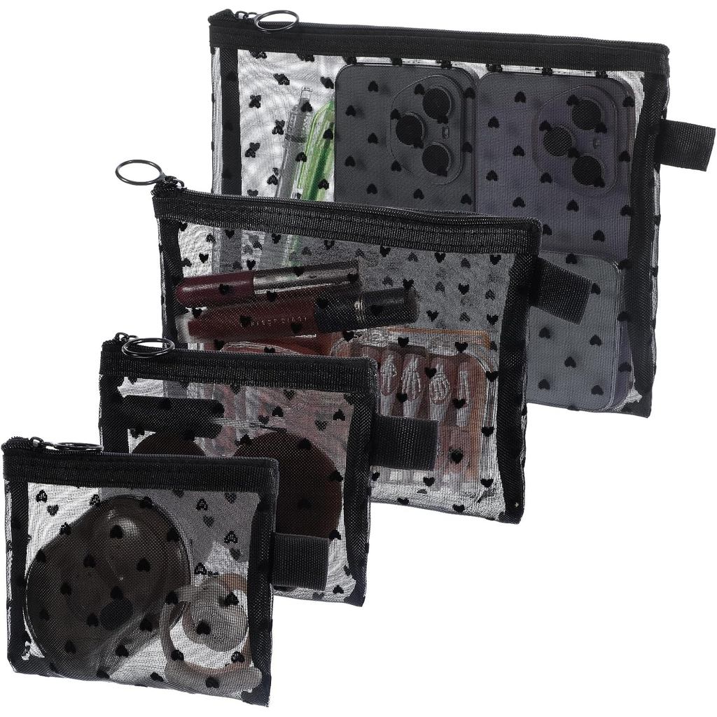 4 Pcs Mesh Makeup Bag Set with Zipper, Heart Printed Mini Cosmetic Bag, 3 Sizes Black Mesh Pouch, Portable Mini Zipper P