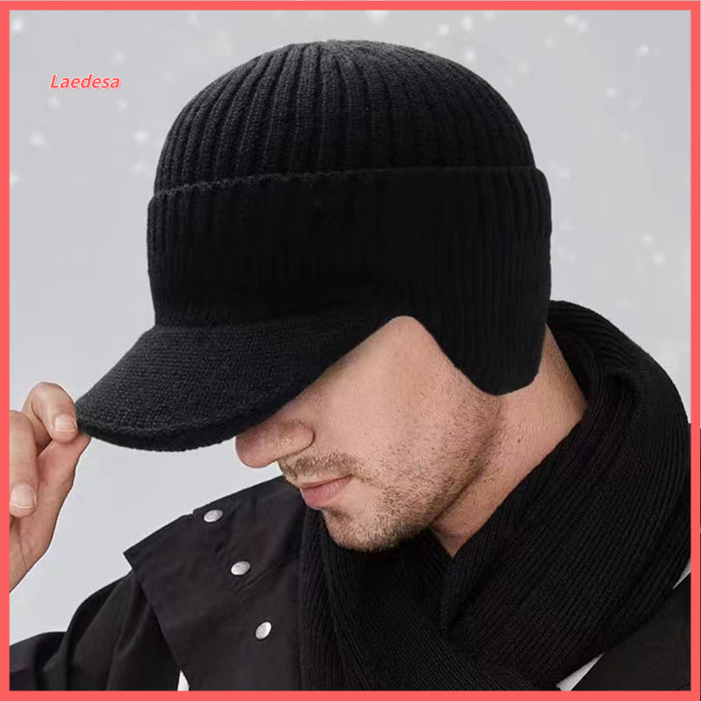 Soft Fabric Ear Flap Hat Warm Winter with Flaps Knitted for Men – Thick Elastic Anti-slip Beanie Long Brim Perfect Gif
