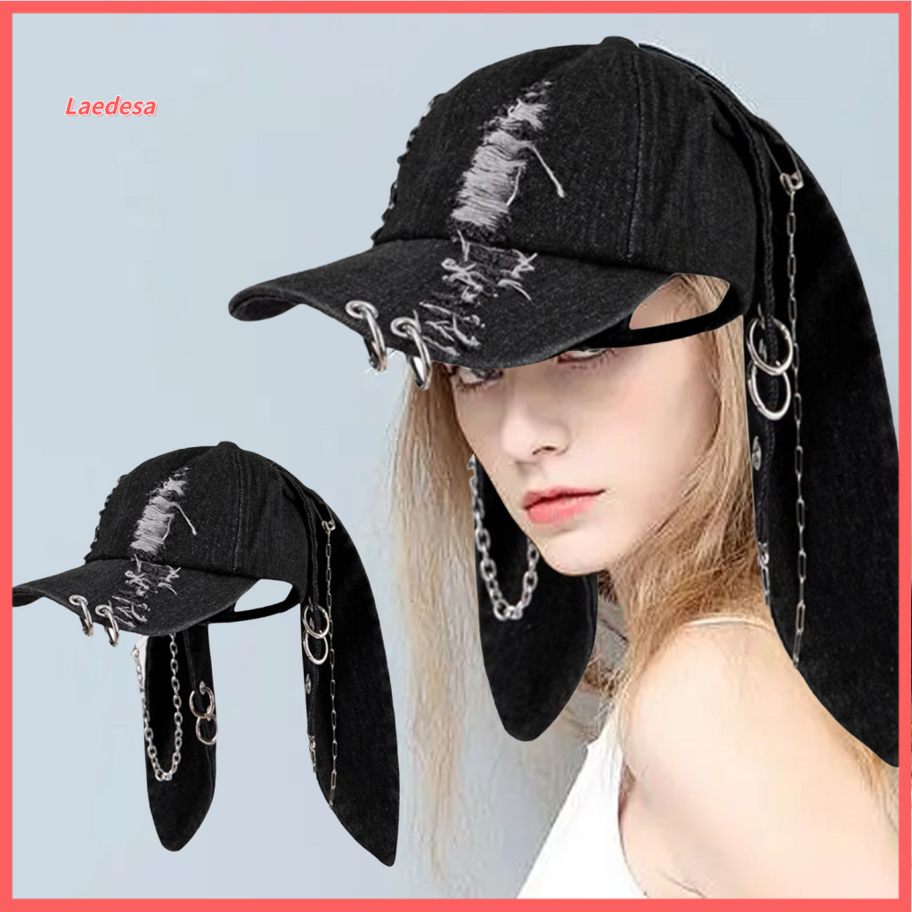 Distressed Denim Baseball Hat 3d Ears Cap Dark Punk with Metal Rings Bunny Adjustable Streetwear for Men Women Trendy