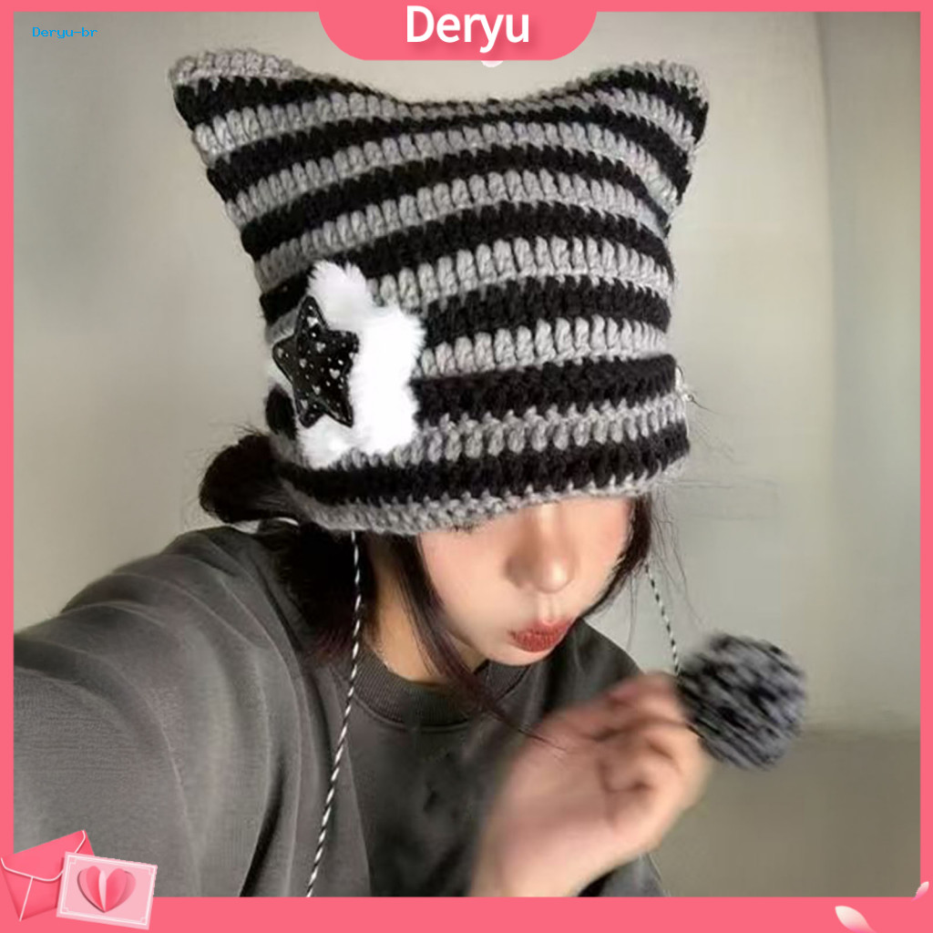 Windproof Winter Hat Headgear Knitted Cat Ear for Women – Warm Plush Ball Decor Striped Print Weather Headwear Stylish