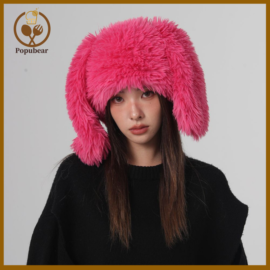 Unisex Knitted Hat Ladies Winter Long Rabbit Ear Plush Warm Thick Fluffy Cozy Windproof Protection Lightweight Party Cos