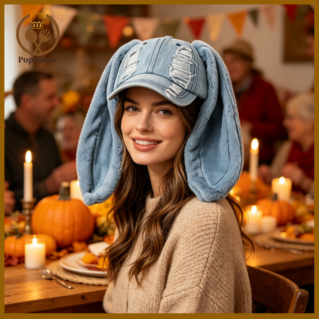 Baseball Cap with Bunny Ears Soft Hat Winter Plush Rabbit Ear – Washed Distressed Peaked Long Cute Festival Dance for