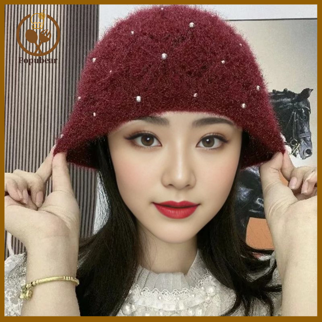Soft and Comfortable Knit Hat with Faux Pearl Women’s Knitted Skull Beanie Decor Stretch Ear Protection Handmade Autum