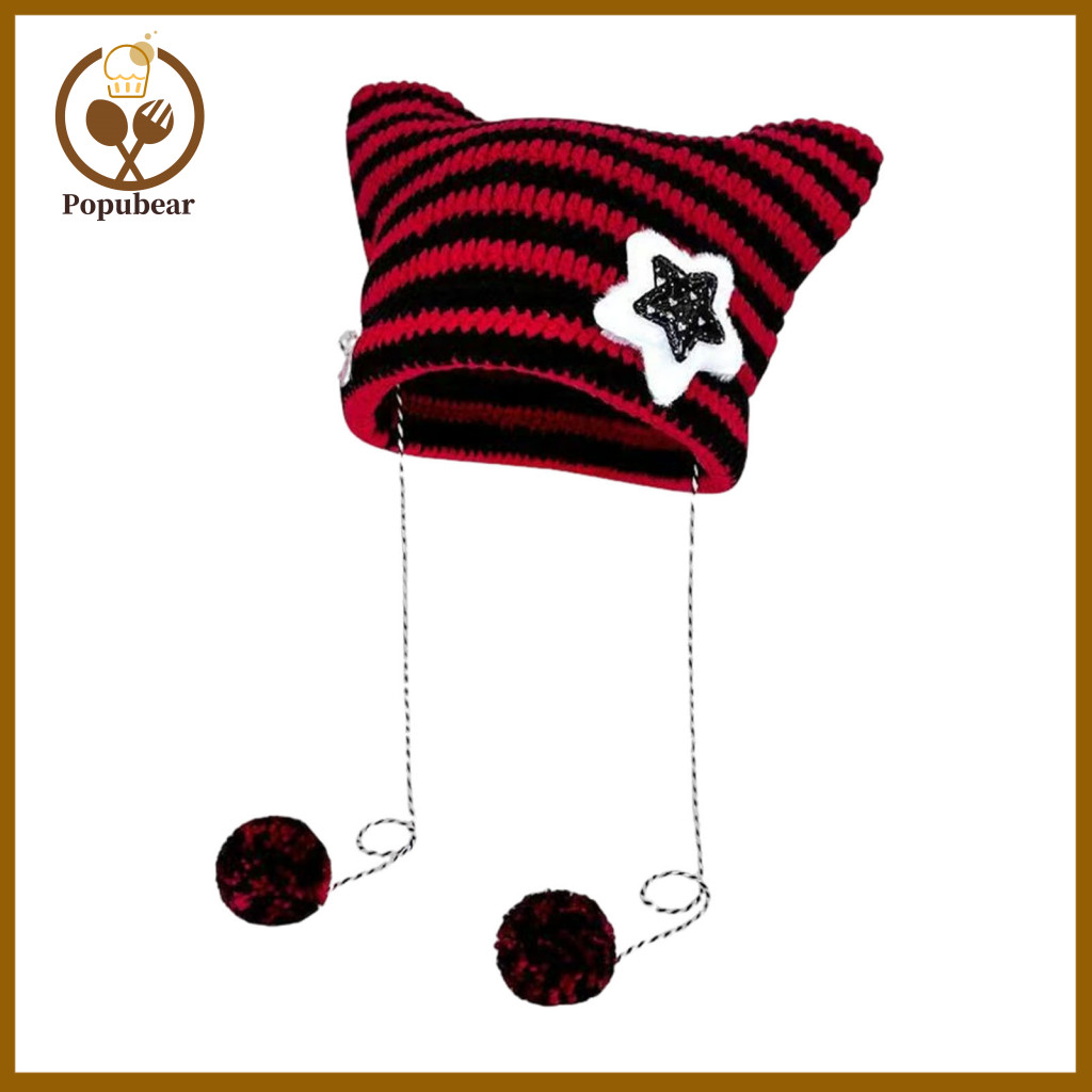 Knitted Hat Thermal Winter Cat Ear with Plush Pom Striped Print Windproof Warm Women’s Beanie for Weather Headwear –
