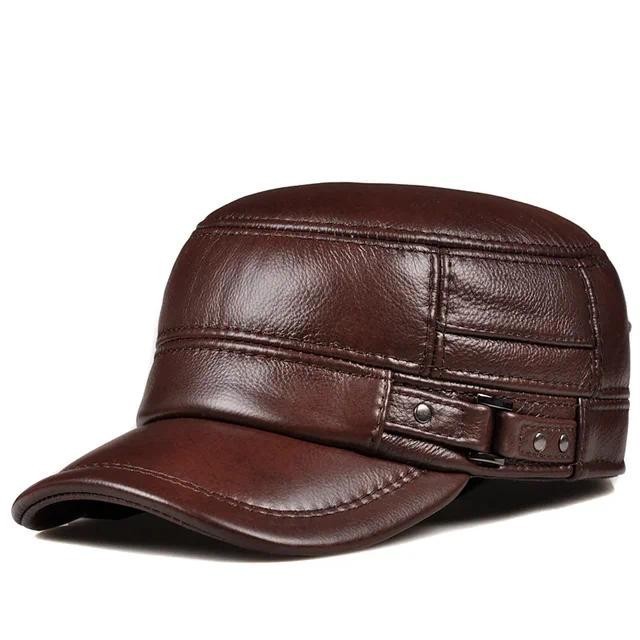 Winter Genuine Leather Cap Men's Flat Caps  Army Military Hat Elegant Man Baseball Cap British Vintage Cowhide Ear Warm