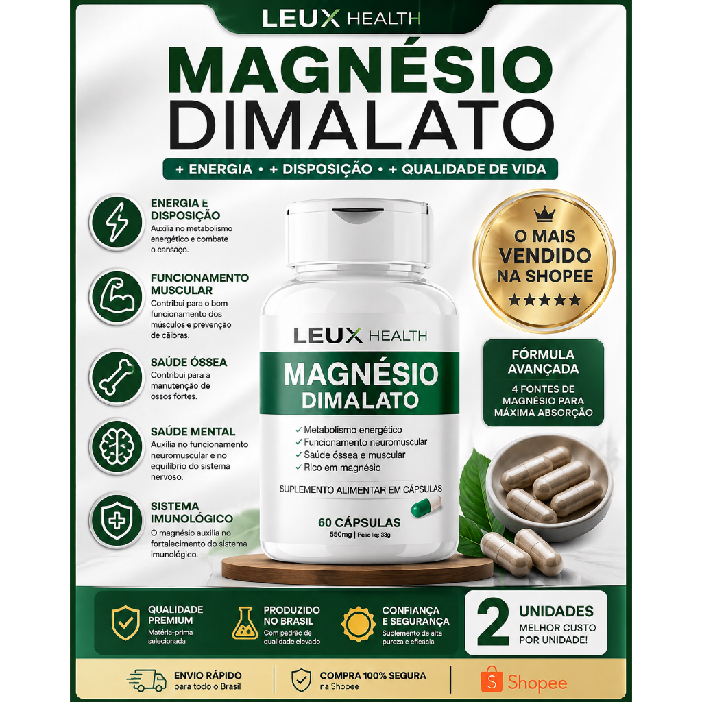 Magnésio Dimalato 550mg, Mais Disposição e Recuperação Muscular, Alivia Cãibras e Melhora do Sono. Envio Rápido