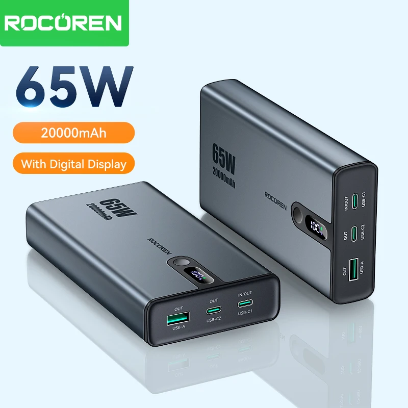 Rocoren 65W 20000mAh Power Bank 20000 mAh Powerbank For iPhone 16 Pro Max Xiaomi MacBook Portable Fast Charger External Battery