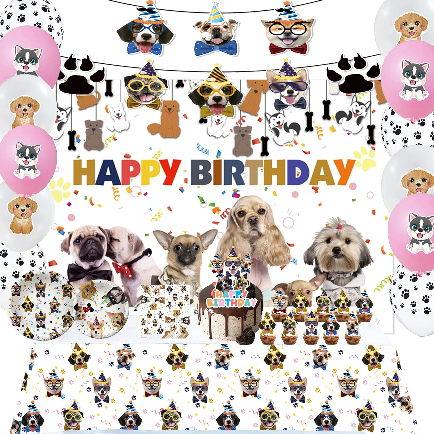 Pet Dog Party Plates Cup Napkin Tableware Set Puppy Dog Themed Birthday Party Decoration Banner Balloon Supplies