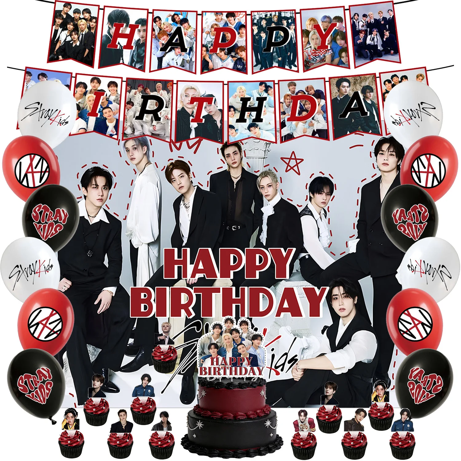 New SK Male Group Birthday Party Theme Decoration Cup Plate Banner Backdrop Cake Topper Set for Gift Baby Shower Supplies