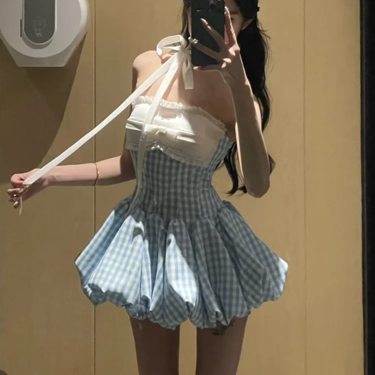 Korea Style Kawaii Retro Plaid Women Dress Fashion Party Sexy Strapless Bud Dress Summer Vintage Y2K Design Sense Mini Dress New