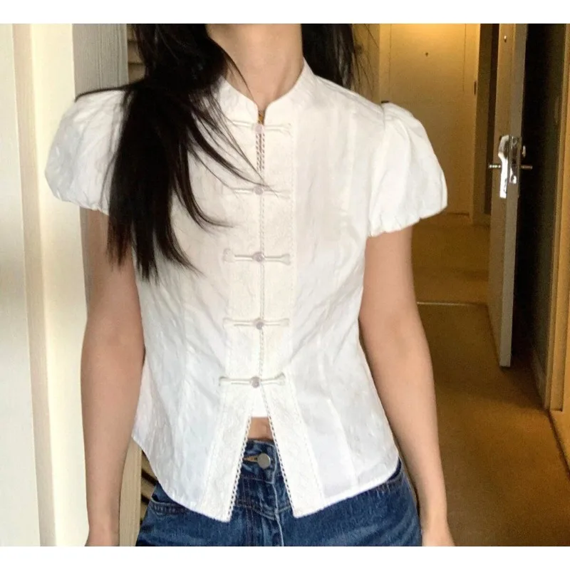 New Chinese Bubble Sleeve Short-sleeved Shirt Women's Summer Design Sense National Style Button-up Shirt Short Top