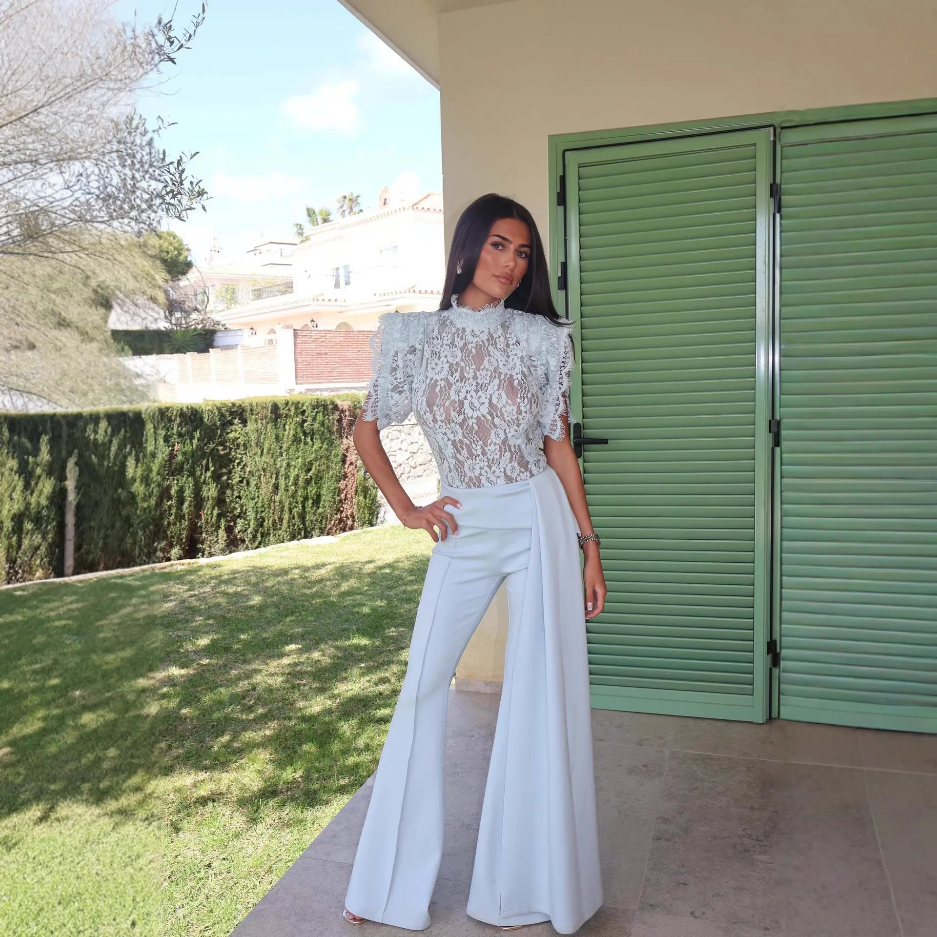 Temperament Elegant Women's Pants Sets Sexy See Through Flower Lace Top Design Sense Trousers Two Piece Set Fashion Female New