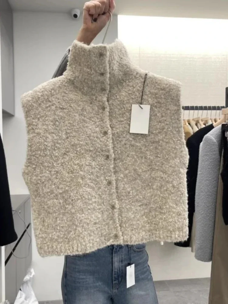 Spring Autumn Women Knitted Open Cardigan Sweater High Collar Sleeveless Vest Design Sense Korean Casual Commute Fit Outerwear