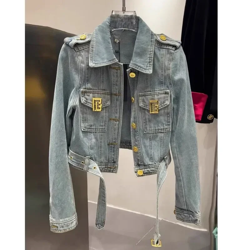 European Goods Small Fragrant Wind Ocean Air Gold Buckle Short Denim Coat Women 2025 Spring Design Sense Small Lace-up Top Tide