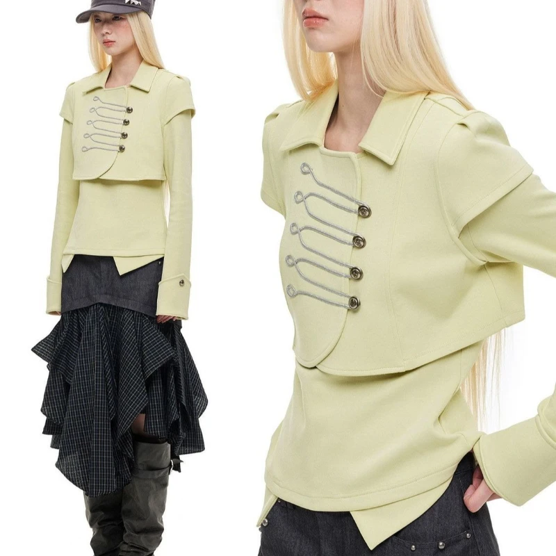 Design Sense Niche Retro Palace Style Buckle Two-piece Jacket for Women 2026 Autumn New Fashion Short Vest+long Sleeved Top Set