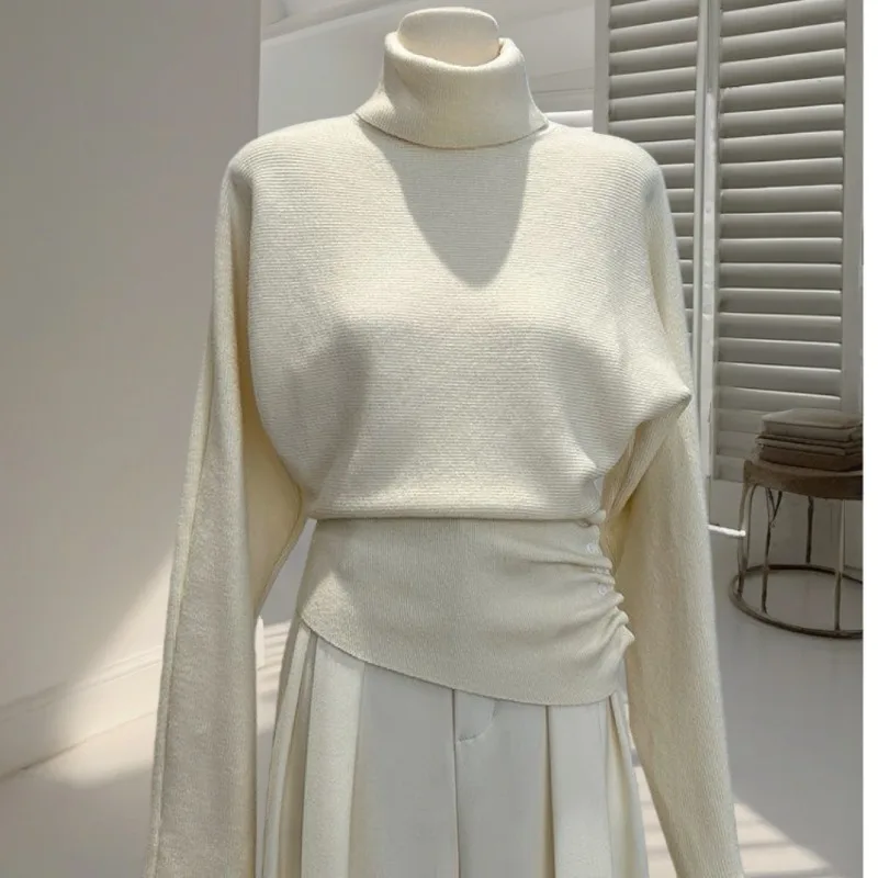 Tops Overcoat Sweater Woman Autumn Winter Half-high Collar Pleating Sense of Design Knitting Ride Waist Temperament Comfortable
