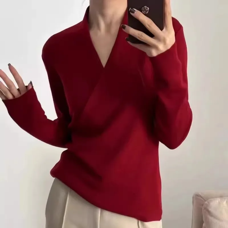 High-end design sense! Gentle style cross-collar 100 pure cashmere sweater women's knitted top wool bottom sweater