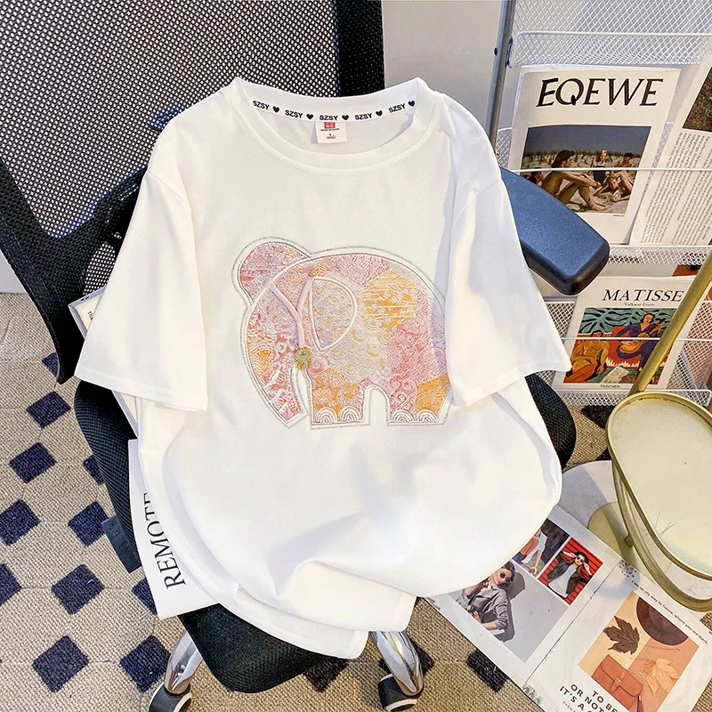 Embroidered Diamond Studded Elephant Short Sleeved T-shirt Women Summer Design Sense Oversized Pure Cotton Loose Top
