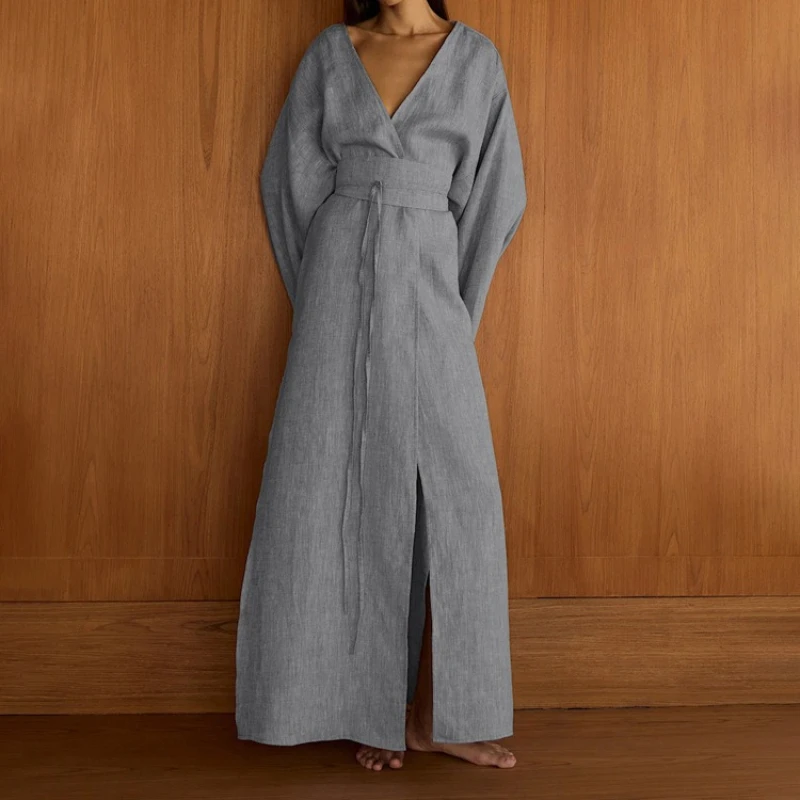 Casual Style Cross Design Sense Lace-up French Dress Women's New Temperament V-neck Long-sleeved Split High-waisted Long Dress