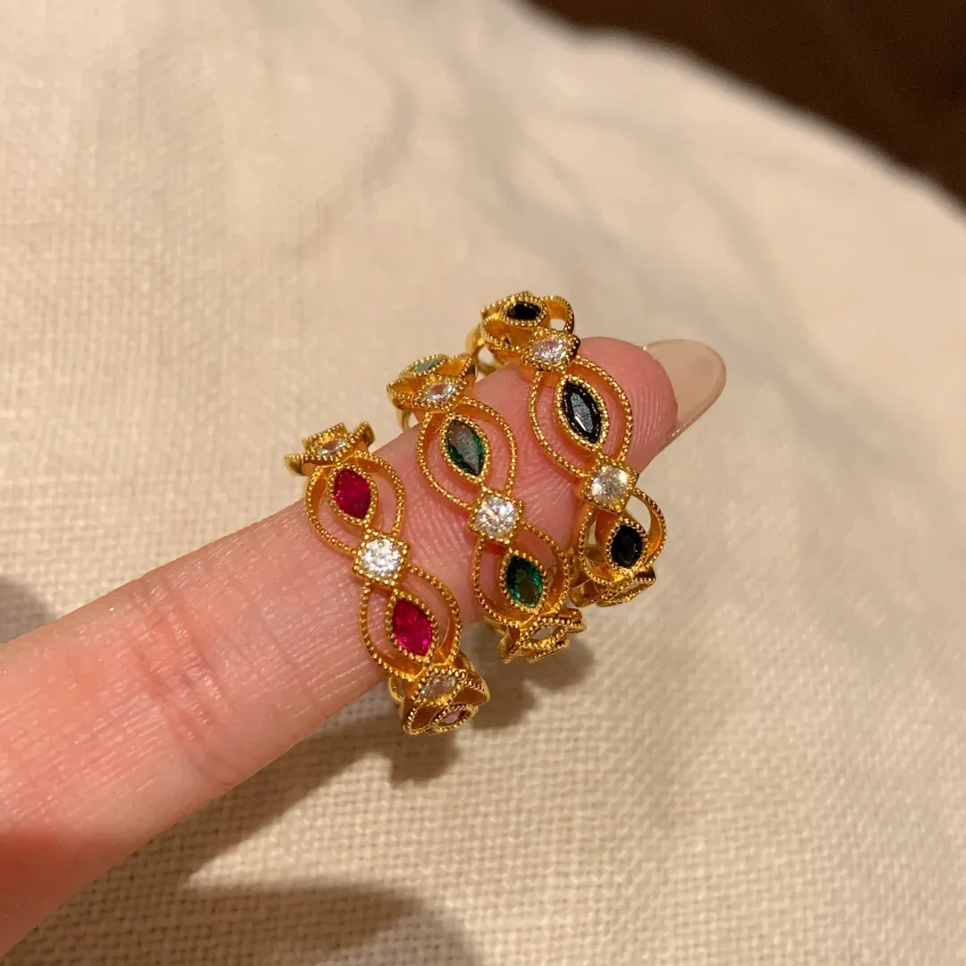 Jewelry Duobao Horse Eye Silver Ring Niche Design High Sense Red Corundum Bar Ring Green Zircon Women's Ring