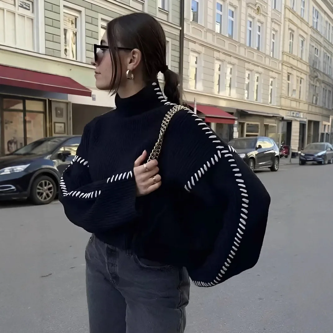 AW Women Autumn Winter Oversize turtleneck Sweater Loose Slimming Casual Design Sense Fashion Knit Top Outerwear