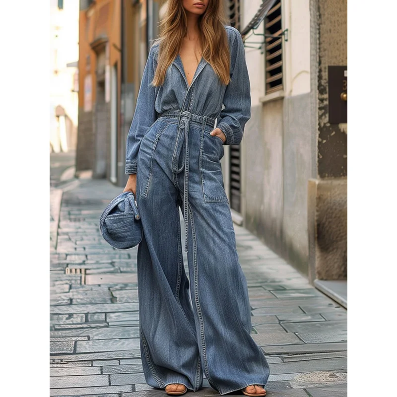 Design Sense Long Sleeved Jumpsuit Women's Retro Loose Straight Leg Pants