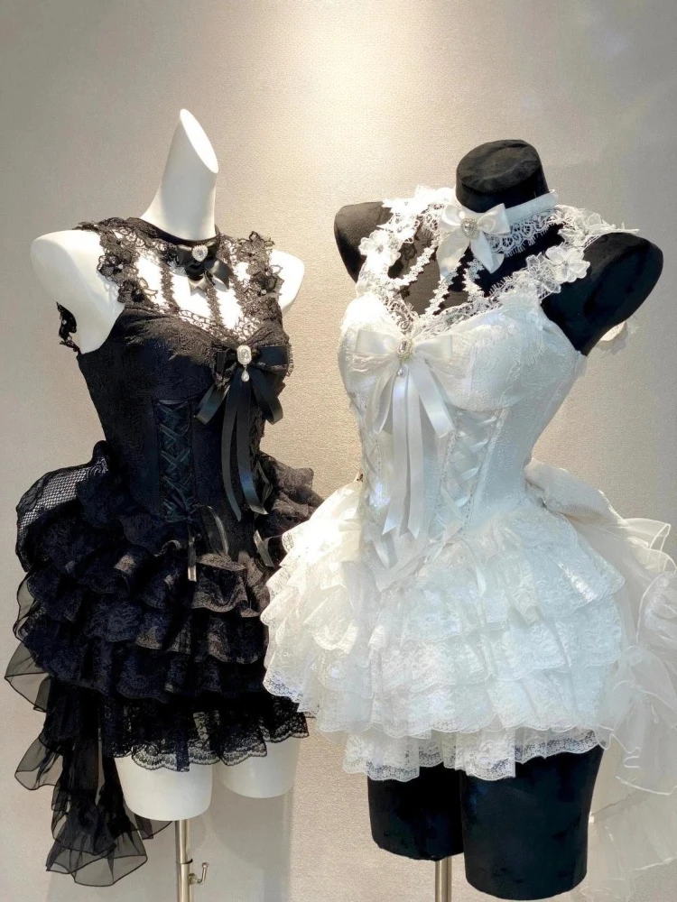 Japanese Kawaii Lolita Dress Women Y2k Bow Lace Halter Neck Mini Dresses Harajuku Cute Vintage Evening Party Design Sense Outfit