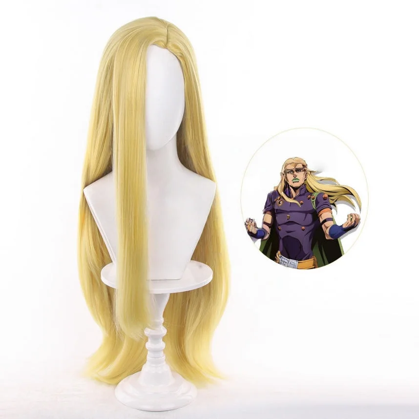 Anime JJBA Gyro Zeppeli Cosplay Wig Steel Ball Run Long Blonde Wavy Heat Resistant Synthetic Hair Party Role Play Wigs + Wig Cap