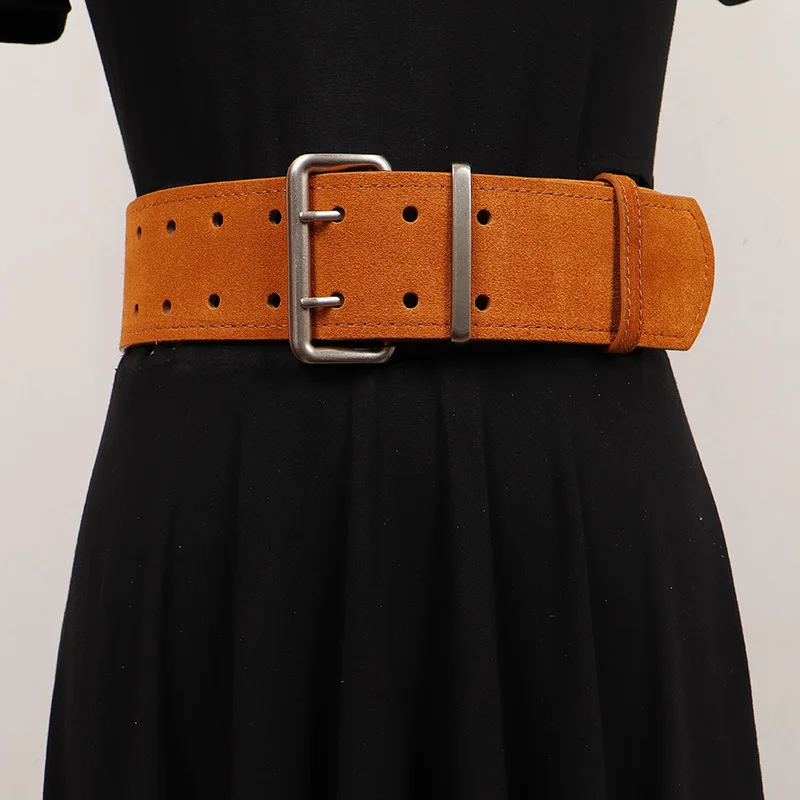 Women's New Korean Version Style Double Needle Anti Suede Wide Belt Retro Silver Buckle Genuine Leather Decoration Waistband