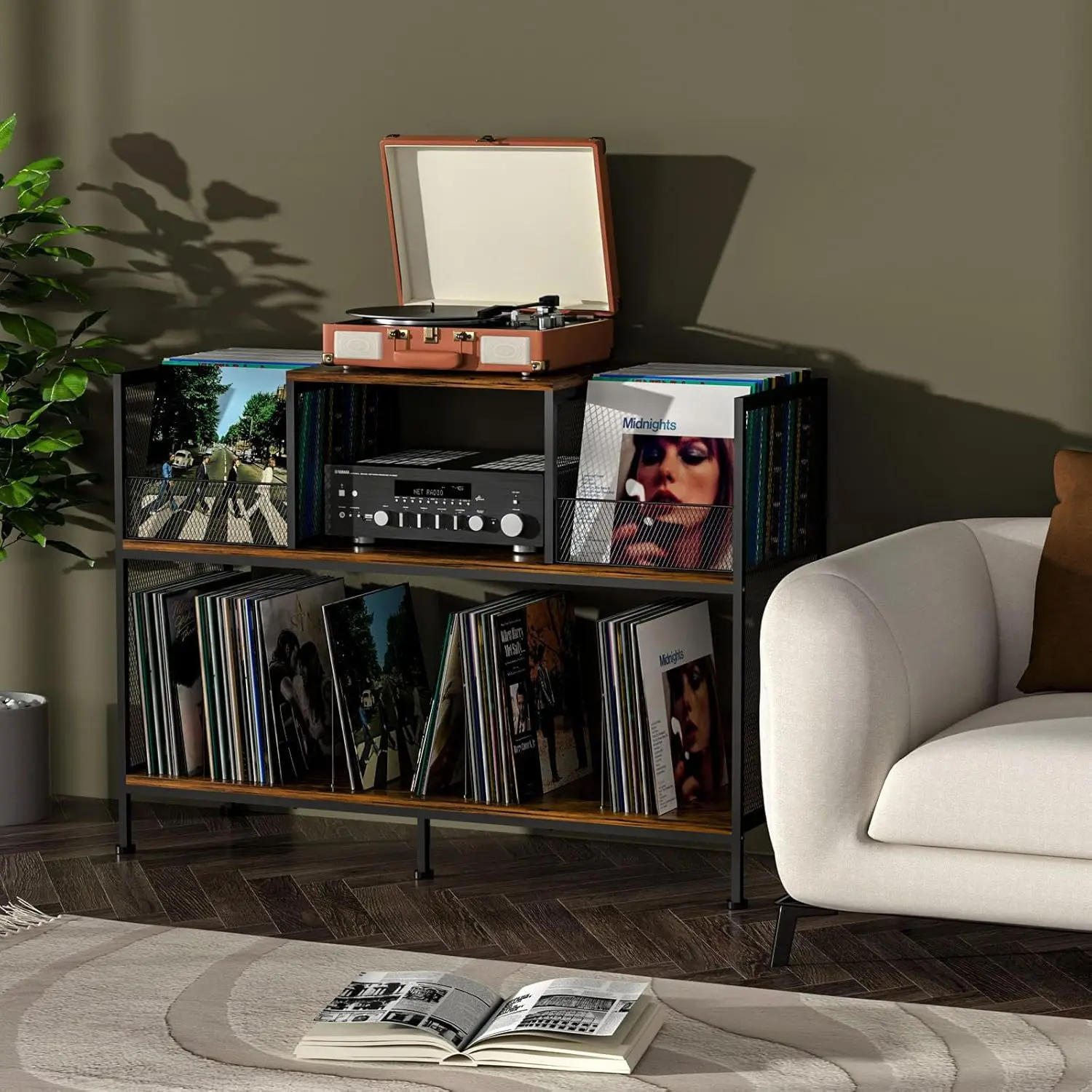 Two-sided record player table Vintage vinyl record storage rack Brown three-layer record player rack