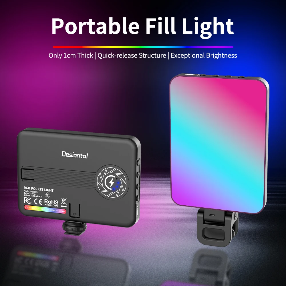 RGB pocket fill light suits mirrorless cameras, smartphones, and recorders, with three color temps, RGB, breathing lights