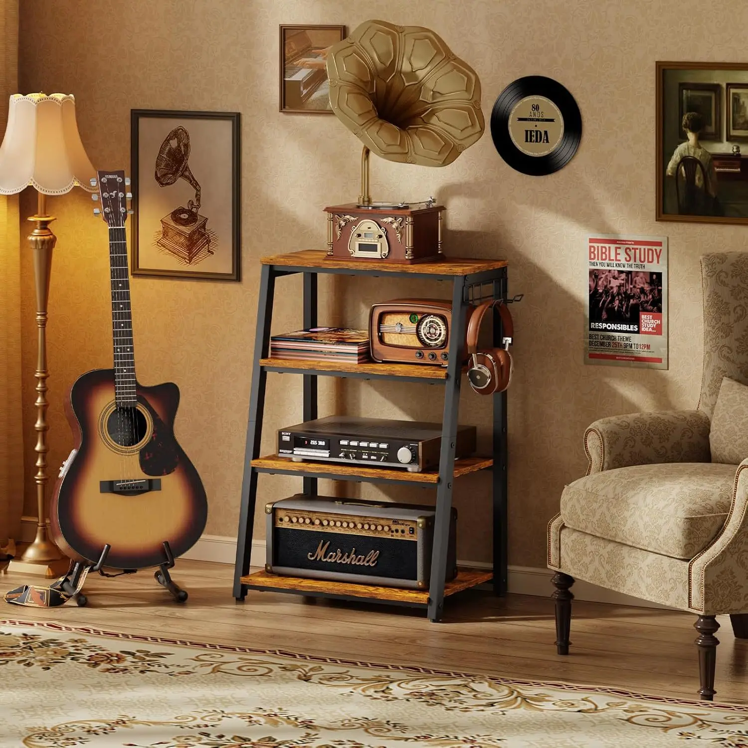 4 Tier Media Storage Rack Wood & Metal Vinyl Record Organizer Multifunctional Audio Video Shelf Space Saving Console Holder