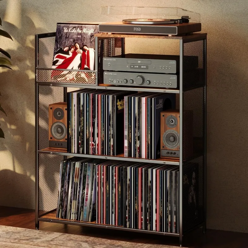 Three-Tier Vinyl Record Player Stand LP Albums Cabinet Organizer Vintage Magazine Rack Multi-Functional Turntable Display Shelf