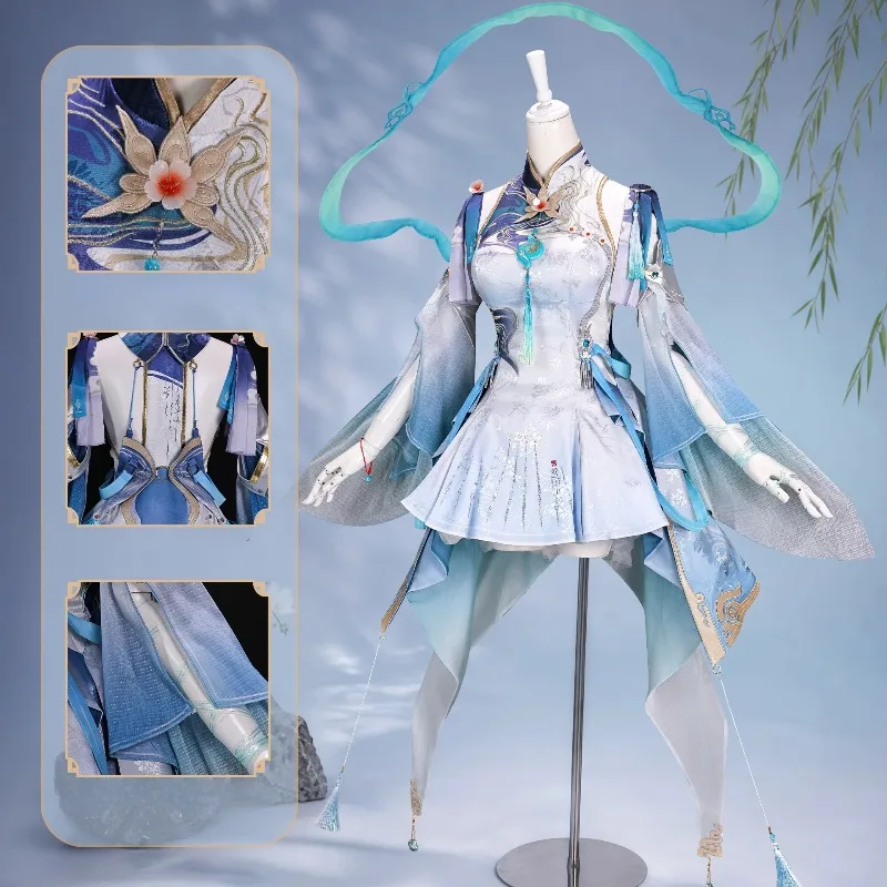 Qingxiao Costume Game Wuthering Waves Cosplay Blue Dress with Accessories Wig Full Set for Women Theme Party